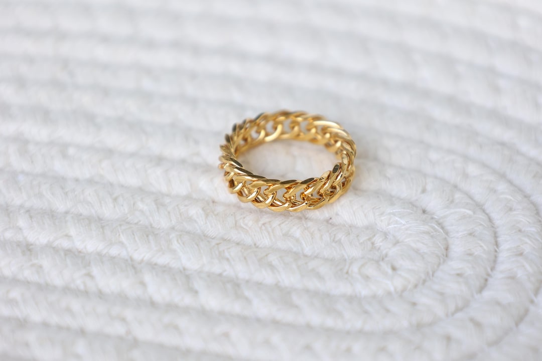 18K Gold Chain Ring, Waterproof Thick Chain Ring Women, Stainless Steel ...