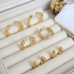 18K Gold Hoop Earrings, 20mm 25mm 30mm Hoop Earrings, Waterproof Thick Hoop Chunky Huggies Earrings, Stainless Steel Jewelry, Christmas Gift