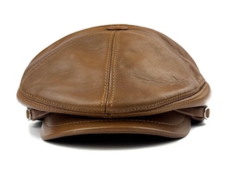 Genuine Sheepskin Leather Newsboy Cap -  Vintage Style Hat Brown Black