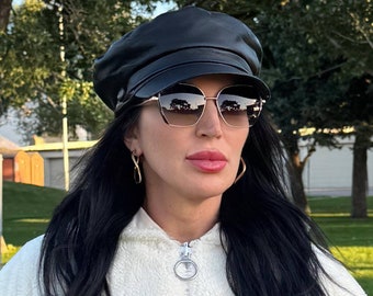 Black Captain Hat with Visor Lambskin Leather Newsboy Muir Cap