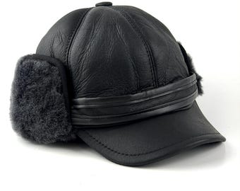 Black Shearling Sheepskin Trapper Hat – Unique Patchwork Aviator Hat