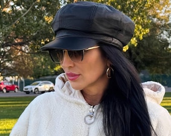 Women’s Genuine Lambskin Leather Newsboy Cap | French Style Soft Leather Black Hat