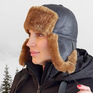 Men&#39;s and Women&#39;s Shearling Sheepskin Leather Trapper Hat Cold Weather Aviator Hat