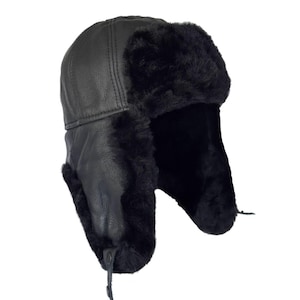 Real Sheepskin Fur Hat Shearing Leather Trapper for Men & Women Wool Lining