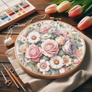 May include: A close-up of a finished embroidery hoop with a floral design. The hoop is made of wood and has a white fabric background. The embroidery features pink, white, and purple flowers with green leaves.