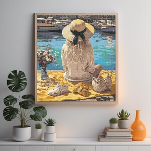 Woman on Dock with Straw Hat and Colorful Accessories Cross Stitch Pattern: Whimsical Waterfront Scene,Instant PDF Download