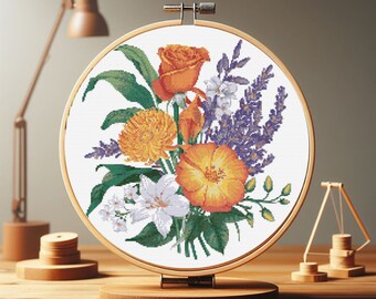 Modello di punto croce con disposizione di fiori colorati: senti la primavera nella tua casa, punto croce primaverile, download digitale istantaneo, file di ricamo