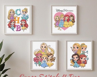 Disney Princess Quartet Cross Stitch-Rapunzel, Cinderella, Ariel & Belle-Fairytale Princesses XStitch Pack-Chibi Princesses Embroidery File