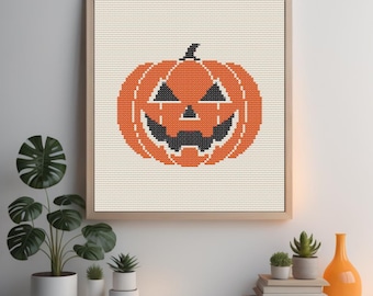 Pumpkin Cross Stitch Pdf-Halloween Cross Stitch Pattern-Halloween Ornament-Hoop Art-Instant Download-Modern Halloween Needlepoint Decor