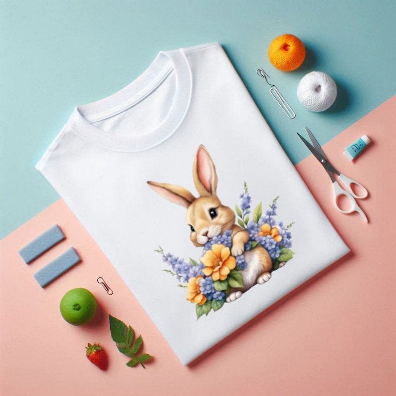 May include: White t-shirt with a brown bunny rabbit holding a bouquet of yellow and purple flowers.