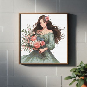 May include: A painting of a woman in a green dress holding a bouquet of pink, white, and blue flowers. She has long brown hair and is wearing a flower in her hair.