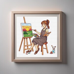 Artist Girl Cross Stitch Pattern | Drawing Cartoon Character Embroidery PDF | Creative Young Woman | DIY Needlework | Digital Stitch Design