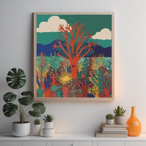 May include: A framed art print featuring a stylized illustration of a forest with a large red tree in the center. The trees are surrounded by a blue and green background with white clouds.