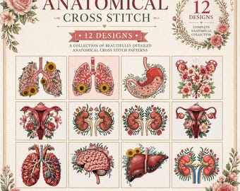 Pacote com 12 padrões de ponto cruz anatômicos – Desenhos de bordado de anatomia floral – 200x200 pontos cada – Download digital em PDF