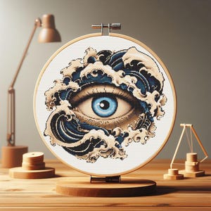 Korsstygnsmönster med ögon och vågor - Ocean Surrealistiskt broderi PDF - Digital nedladdning för modern DIY-sömnad och unik heminredning