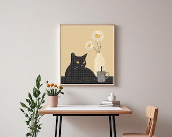 Schwarze Katze Kreuzstichmuster, Katze Kreuzstich-Modernes Digitales Kreuzstichmuster - Stickdatei-Instant Download-Hohe Auflösung