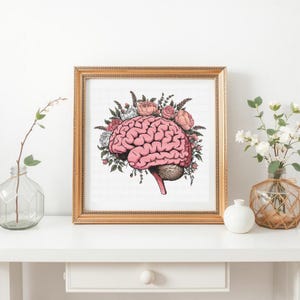 Brain Cross Stitch Pattern | Floral Anatomical Brain Embroidery PDF | Neuroscience Organ Cross Stitch for DIY & Modern Needlepoint