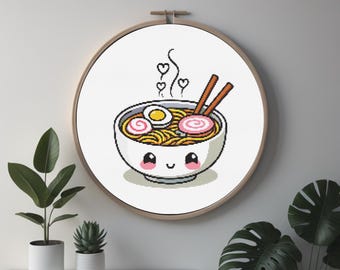 Kawaii Ramen Bowl Cross Stitch Pattern: Smiling Noodles Embroidery (PDF)