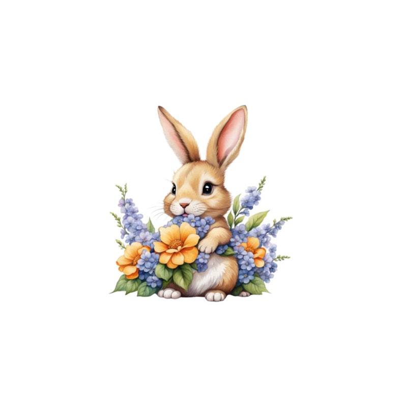 May include: A brown bunny rabbit with white fur on its belly is surrounded by purple and yellow flowers. The bunny is looking at the viewer and has its mouth slightly open.