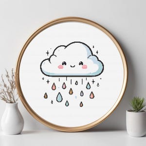 Może przedstawiać: Biała chmura z uśmiechającą się twarzą i różowymi policzkami pada kolorowymi kroplami deszczu. Chmura jest otoczona małymi białymi gwiazdami.