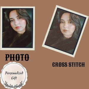 May include: Two images of the same woman, one in color and one in black and white. The color image is labeled "PHOTO" and the black and white image is labeled "CROSS STITCH". Both images are in a white frame.