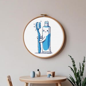 Patrón de punto de cruz kawaii de cepillo de dientes y pasta de dientes / Lindo bordado de baño en PDF / Descarga instantánea para niños o decoración dental