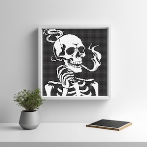 Smoking Skeleton Cross Stitch Pattern | Gothic Skull Embroidery PDF | Dark Aesthetic Blackwork Cross Stitch for DIY Needlepoint & Home Decor