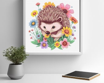Hedgehog in Flowers Cross Stitch Pattern: Adorable Animal Embroidery (Digital Download)