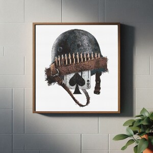 May include: A vintage military helmet with a band of bullets and an ace of spades playing card attached. The helmet is painted in a dark gray color and has a worn, distressed look.