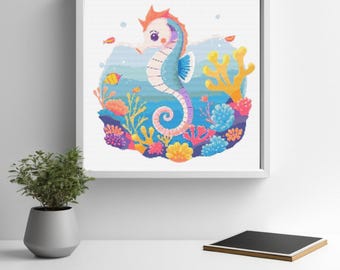Colorful Seahorse Underwater Cross Stitch Pattern - Ocean Marine Life Embroidery Design - Digital Download for Sea Lovers
