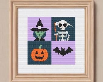Halloween Cross Stitch-Witch-Pumpkin-Bat and Skeleton Xstitch-Instant Download-Spooky Cross Stitch- Digital XStitch Pattern-Embroidery File