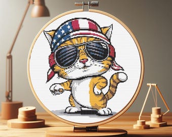 Crazy American Cat Cross Stitch Pattern-Fun and Easy DIY Embroidery for Cat Lovers,Perfect for Independence Day and USA Patriotism