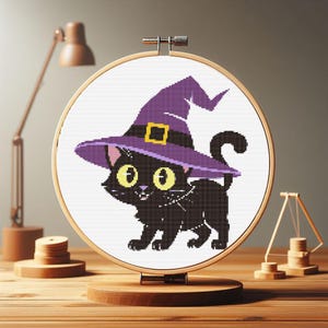 Black Cat Cross Stitch Pattern PDF-Halloween Cross Stitch-Halloween Ornament-Cute Black Cat-Instant Download-Hoop Art-Puppy Cross Stitch