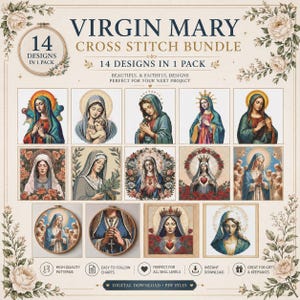 14 Virgin Mary Cross Stitch Patterns Bundle – Religious Embroidery Designs