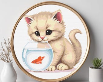 Cute Cat Playing with Goldfish in Aquarium Cross Stitch Pattern - Fun Pet Embroidery Design - Digital Download for Cat Lovers