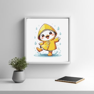 Kawaii Duck in Rain Cross Stitch Pattern: Cottagecore Embroidery (Digital PDF)
