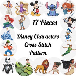 以下が含まれることがあります： ミッキーマウス、スティッチ、アリエルなど、さまざまなディズニーキャラクターをフィーチャーした17種類のクロスステッチパターンセット。パターンは円形に配置され、中央には「17 Pieces Disney Characters Cross Stitch Pattern」というテキストが書かれています。