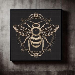 May include: A black and gold framed canvas print featuring a detailed illustration of a bee in a circular design.