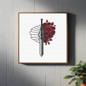 May include: A framed print featuring a black sword with a red rose design. The sword is positioned centrally, with the roses on the right side. The background is white.