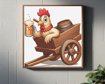 Patrón de punto de cruz digital con temática de pollo bebiendo cerveza - Descarga en PDF / Modelo artesanal divertido y divertido / Kit de punto de cruz fácil