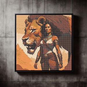 Schwarze Frau und Löwe Kreuzstich Modell-Kriegerin Kreuzstich-Power und Krieg Xstitch-Harter Kreuzstich-Lion Kreuzstich-Moderner XStitch