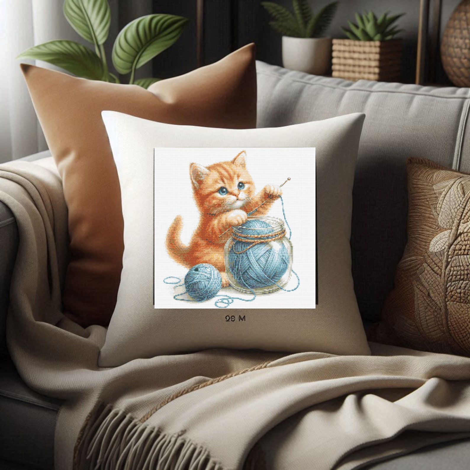 Cute Cat Cross Stitch Model Playing With Threads, Homemade Artistic ...