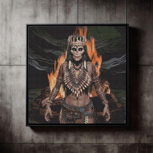 May include: A framed artwork depicts a skeletal figure adorned with a crown and elaborate tribal jewelry, set against a backdrop of flames. The artwork features a dark, pixelated style, with a black frame. The color palette includes shades of brown, orange, and black.