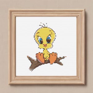 Lindo patrón de punto de cruz de pájaro Tweety - Diseño de dibujos animados adorable - Patrón de bordado divertido y divertido - Patrón de pájaro de dibujos animados animado - Lindo