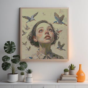 Modern Cross Stitch Pattern - Girl and Bird Painting Xstitch Pattern-Counted Cross Stitch-Hoop Art- Digital Stitch Pattern - Embroidery File