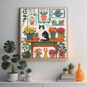 Pode incluir: Um gato preto e branco sentado em uma mesa de madeira com tampo verde. A mesa é cercada por plantas em vasos com flores de várias cores, incluindo vermelho, amarelo, laranja e rosa. A cena é emoldurada por uma moldura de madeira.