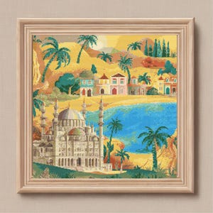 May include: A colorful cross-stitch embroidery depicting a mosque with minarets, palm trees, and houses in a desert landscape. The mosque is white with a blue roof and is surrounded by green palm trees and colorful houses.