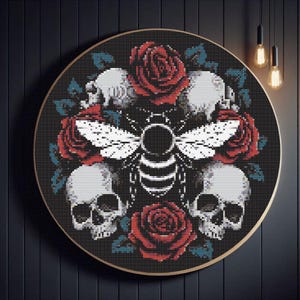Gothic Bee with Skulls and Roses Cross Stitch Pattern – Dark Vintage Embroidery on Black-Bee Xstitch-Skull  Embroidery File-Instant Download