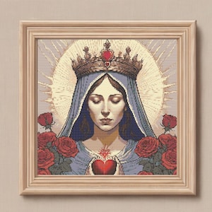 Virgin Mary in Crowned Red Roses Cross Stitch-Christian Stitch-Orthodox Pattern-Holy Virgin Cross Stitch-Mother Of God-Religious Pattern
