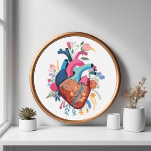 Anatomical Heart Cross Stitch Pattern-Floral Human Heart Embroidery PDF-Modern Medical Organ Design for DIY Needlepoint&Home Decor-Hoop Art